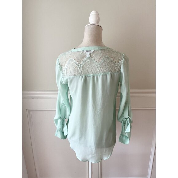 Candies Seafoam Green Lace Yoke Blouse With Tab Sleeves & Tie Waist - Picture 3 of 4